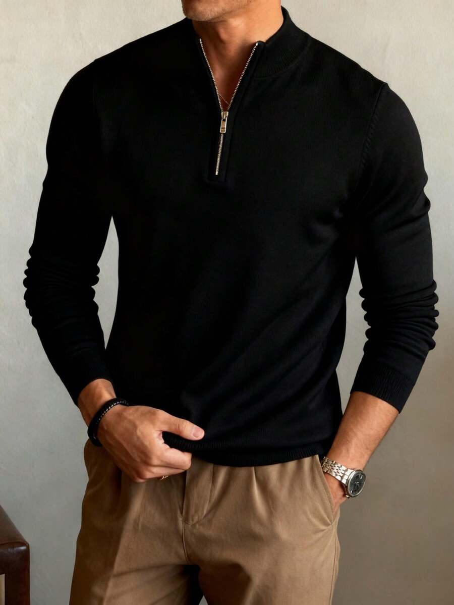 Suéter Masculino de Manga Longa Casual com Zíper Parcial, Cor Sólida Versátil para Uso Diário, Outono/Inverno