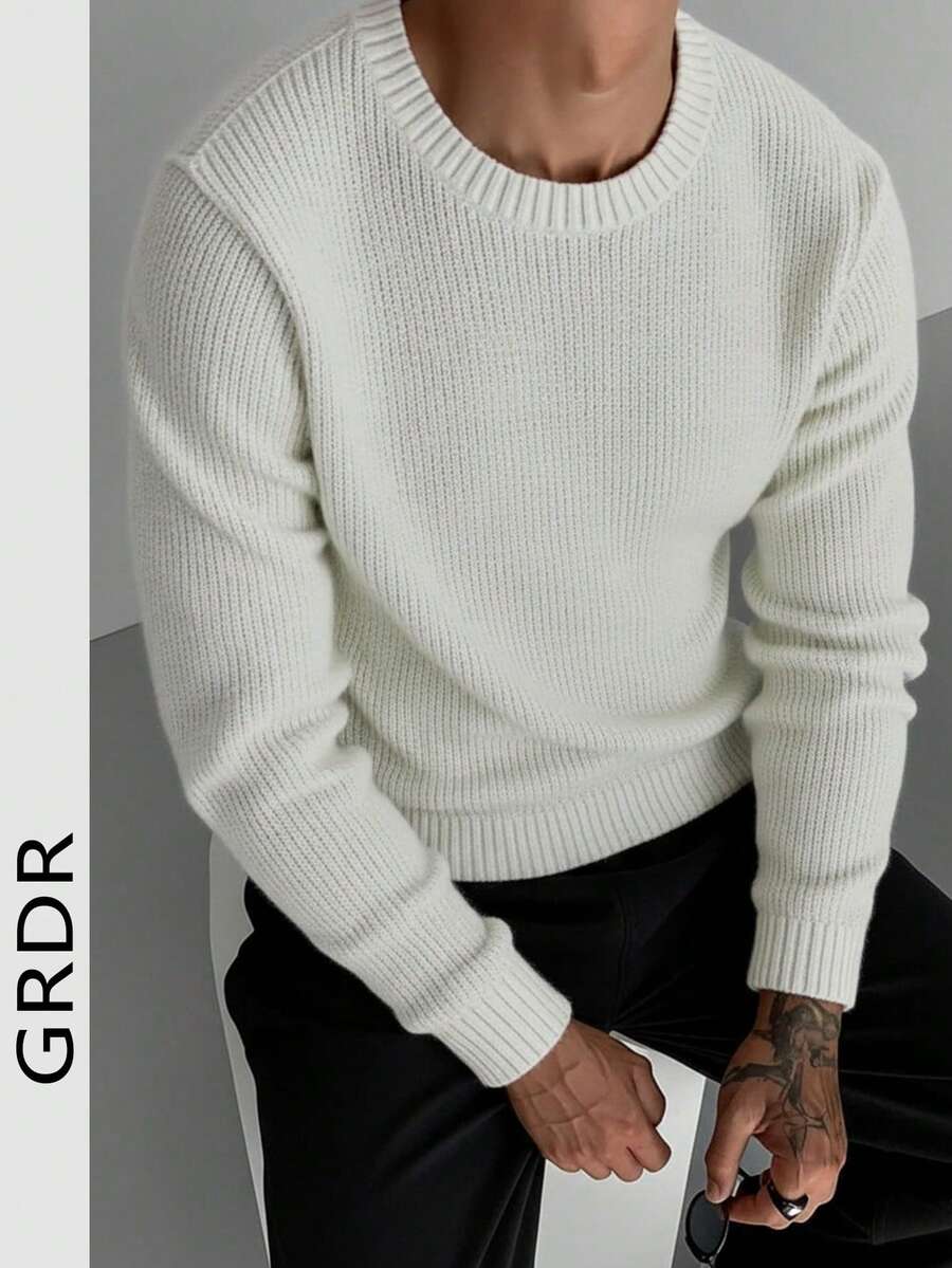 GRDR Suéter de Gola Careca de Manga Longa em Malha Jacquard Casual Masculino, Outono/Inverno